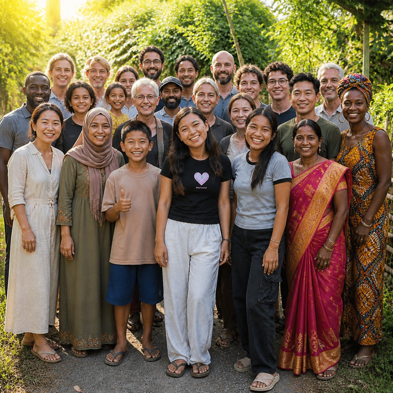 A diverse, multigenerational community smiling together outdoors in golden light