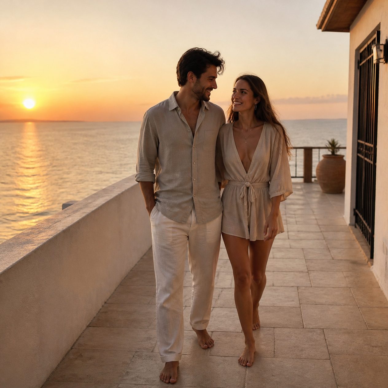 A couple walking barefoot on a seaside terrace at sunset
