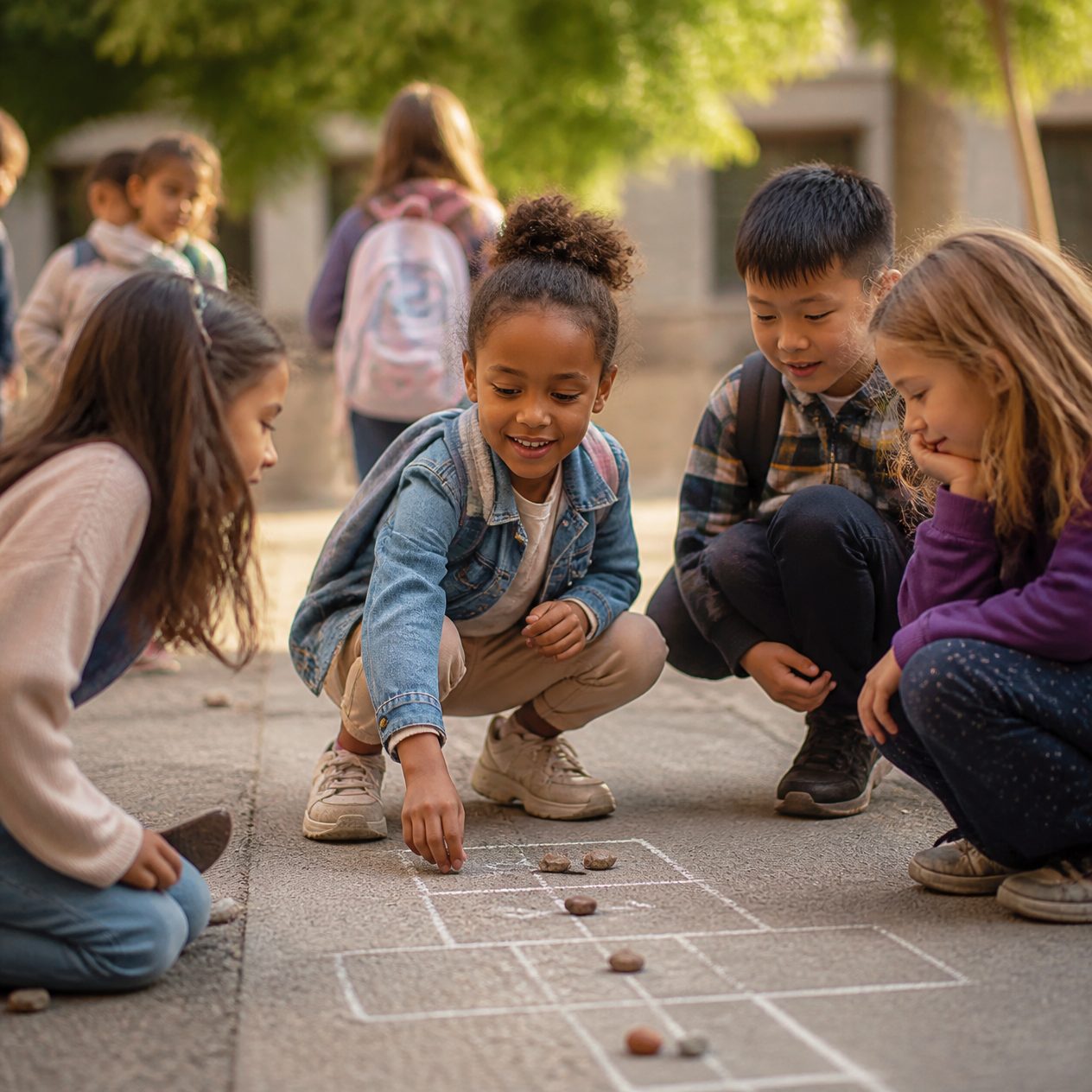 Children playing hopscotch together in a schoolyard