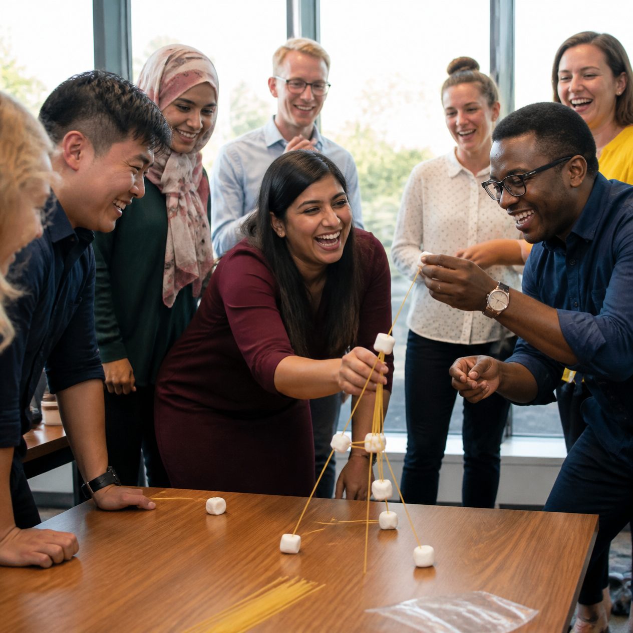 Colleagues laughing while building a spaghetti and marshmallow tower